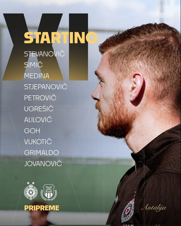 La alineación de Partizán con Joao Grimaldo en el equipo titular. (Foto: @FKPartizanBG)