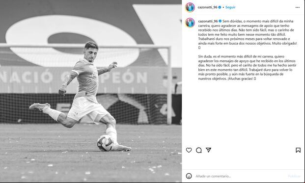 Mensaje de Gustavo Cazonatti en Instagram tras confirmarse su lesión en la rodilla derecha (Foto: cazonatti_96).