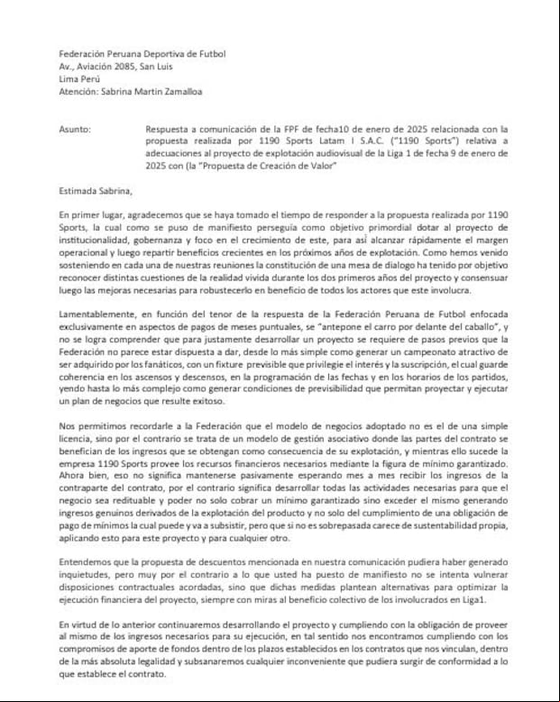 El documento de 1190 Sports a la FPF.