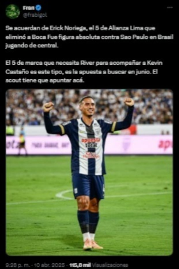 El viral pedido de un hincha de River para que fichen a Erick Noriega. (Imagen: Captura de X)