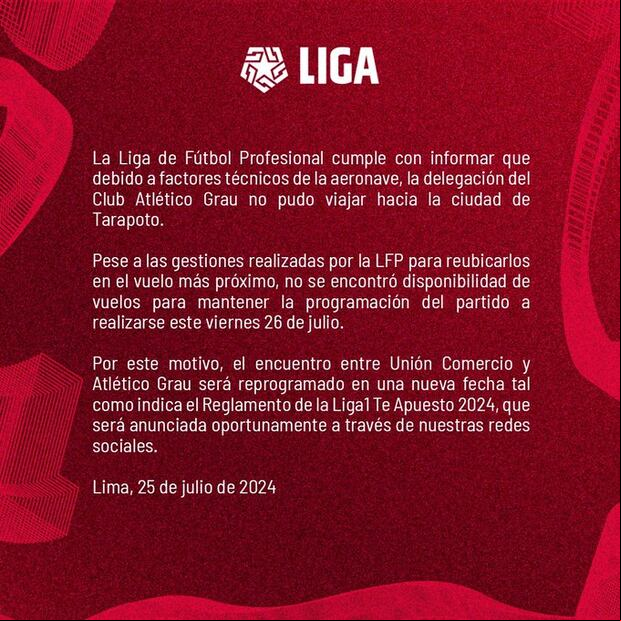 Información de la Liga 1 sobre el partido entre Unión Comercio y Atlético Grau. (Liga 1)