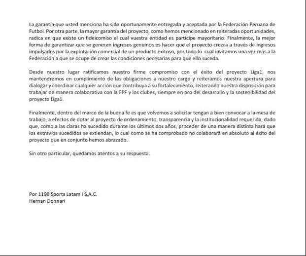 El documento de 1190 Sports a la FPF.