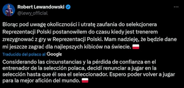 Robert Lewandowski anunció su renuncia a la selección de su país por redes sociales.