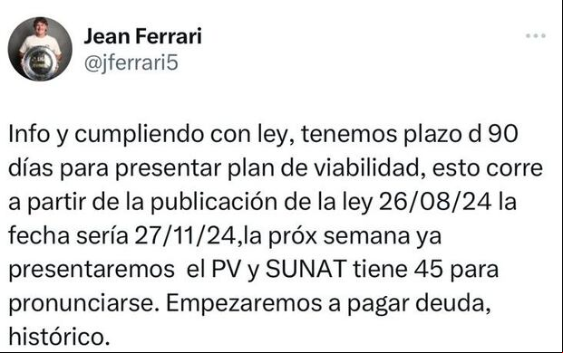 La publicación de Jean Ferrari en redes sociales.