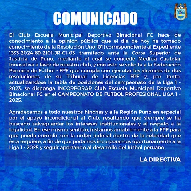 Comunicado de Binacional este viernes 27 de diciembre. (Foto: Binacional).