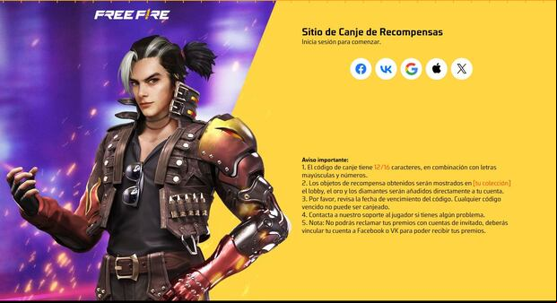 Página de canje de Free Fire (Garena)