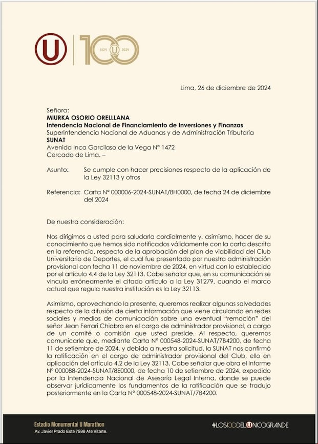 La carta de Universitario para la SUNAT. (Foto: Universitario).