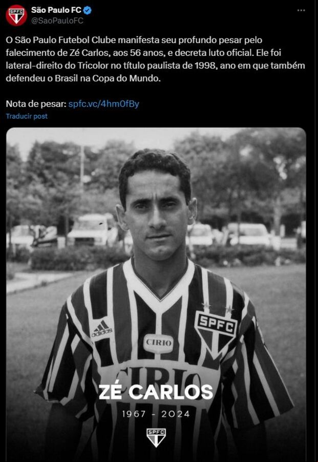 El exlateral José Carlos de Almeida, más conocido como ‘Zé Carlos’ y que disputó el Mundial de Francia 1998 con la selección brasileña, murió este viernes a los 56 años.