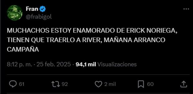 Hinchas de River Plate destacan el nivel de Erick Noriega. (Imagen: Captura de X)